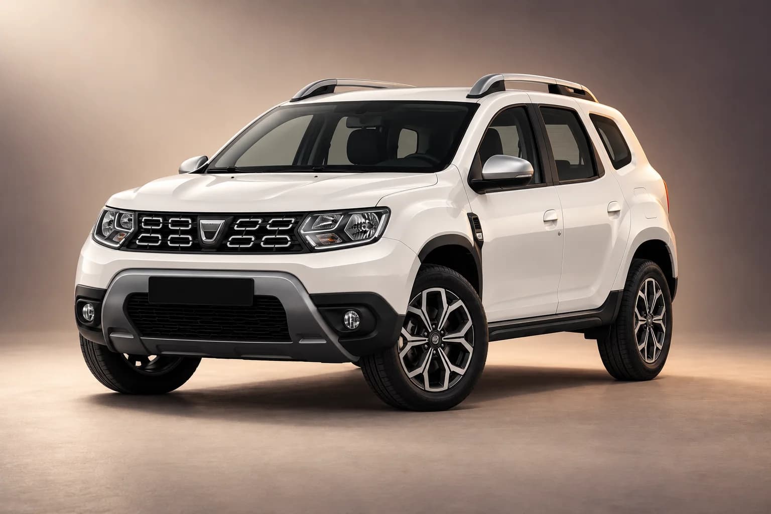 AI-restyled representative studio illustration of the Dacia duster model family; actual generation, trim, color and specification require operator confirmation