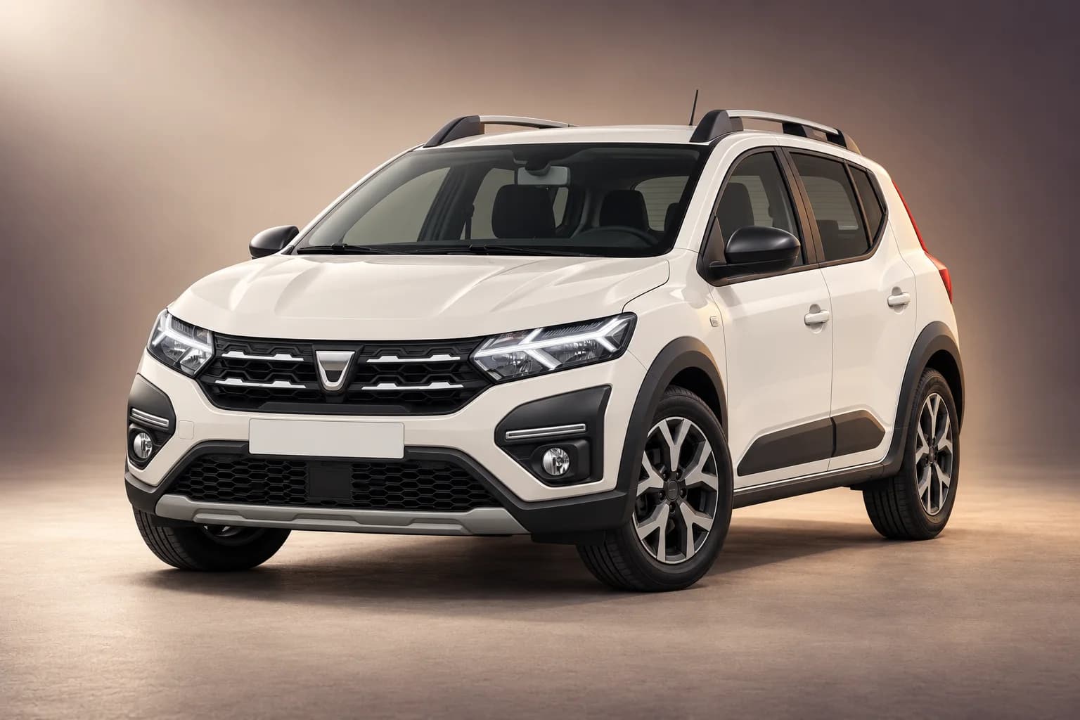 AI-omarbetad representativ studioillustration av modellfamiljen Dacia sandero stepway; faktisk generation, utrustningsnivå, färg och specifikation måste bekräftas av uthyraren