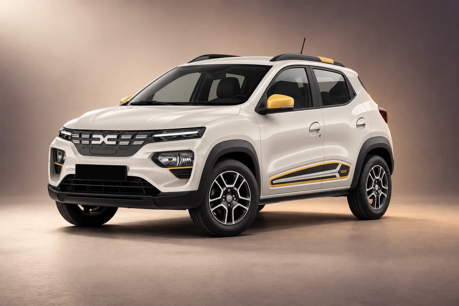Ilustración de estudio representativa, reestilizada con IA, de la familia de modelos Dacia spring; la generación, el acabado, el color y las especificaciones reales requieren la confirmación del operador