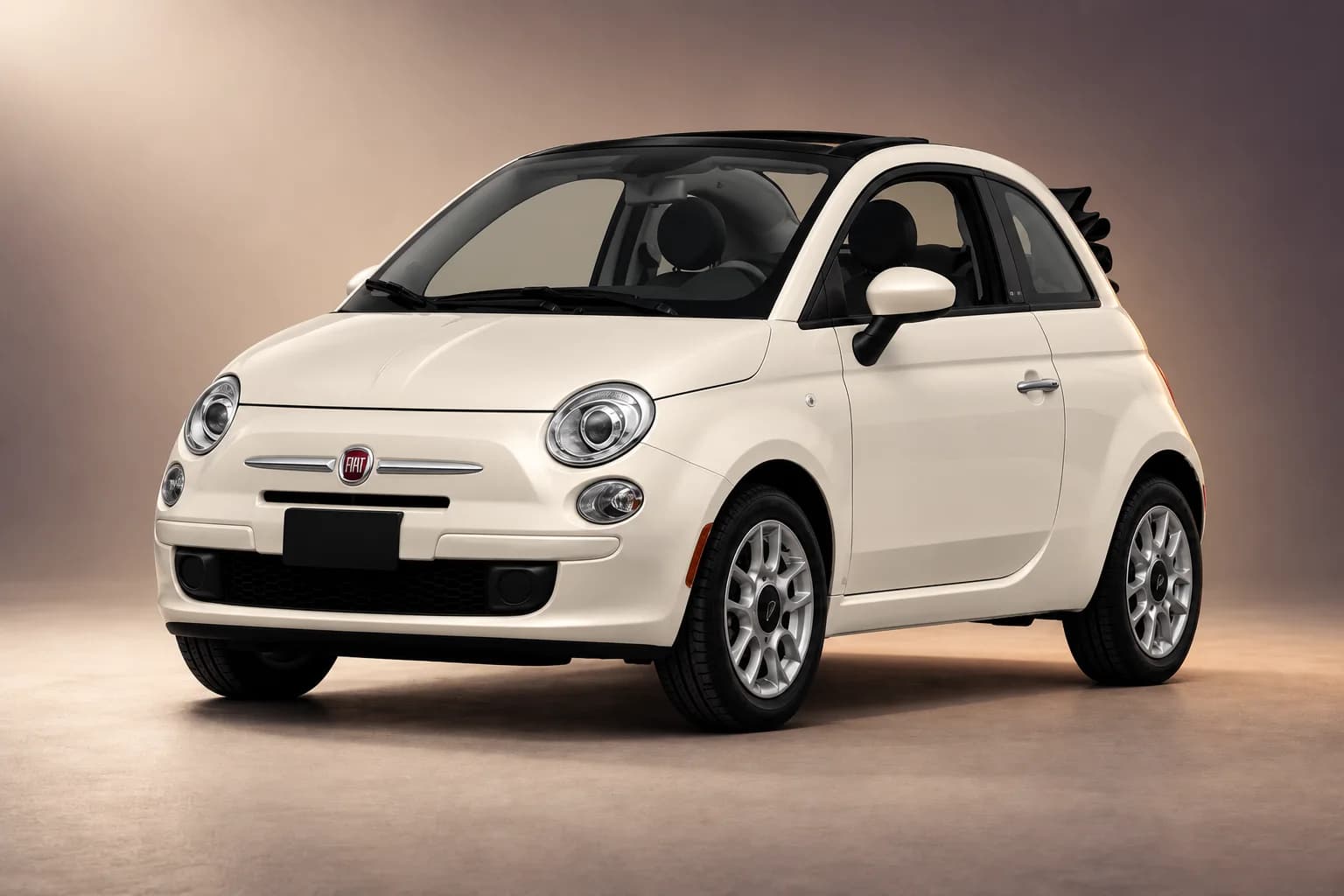 AI-restyled representative studio illustration of the Fiat 500 open-roof model family; actual generation, trim, color and specification require operator confirmation