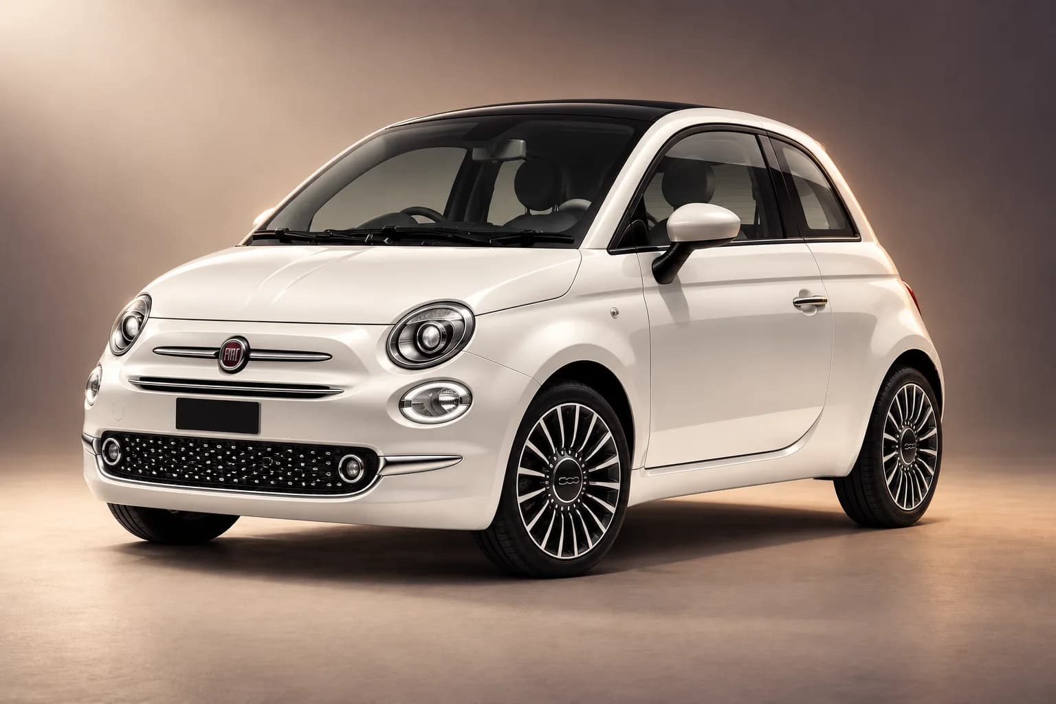 AI-restyled representative studio illustration of the Fiat 500 model family; actual generation, trim, color and specification require operator confirmation