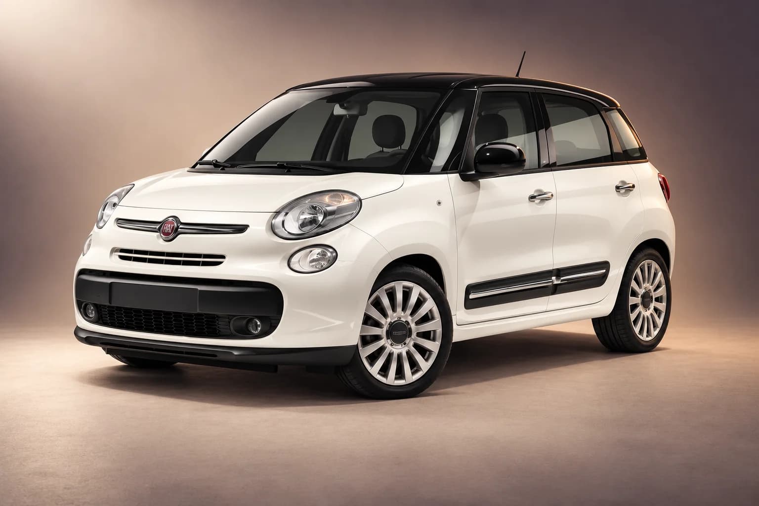 AI-restyled representative studio illustration of the Fiat 500l model family; actual generation, trim, color and specification require operator confirmation