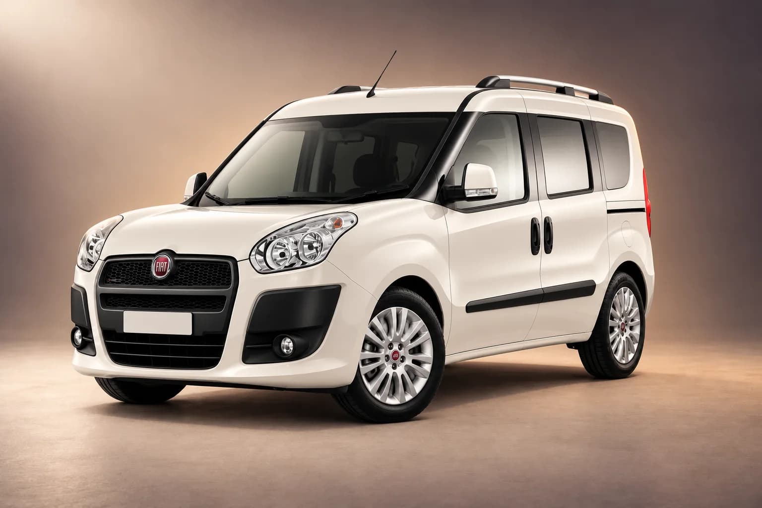 AI-omarbetad representativ studioillustration av modellfamiljen Fiat doblo; faktisk generation, utrustningsnivå, färg och specifikation måste bekräftas av uthyraren