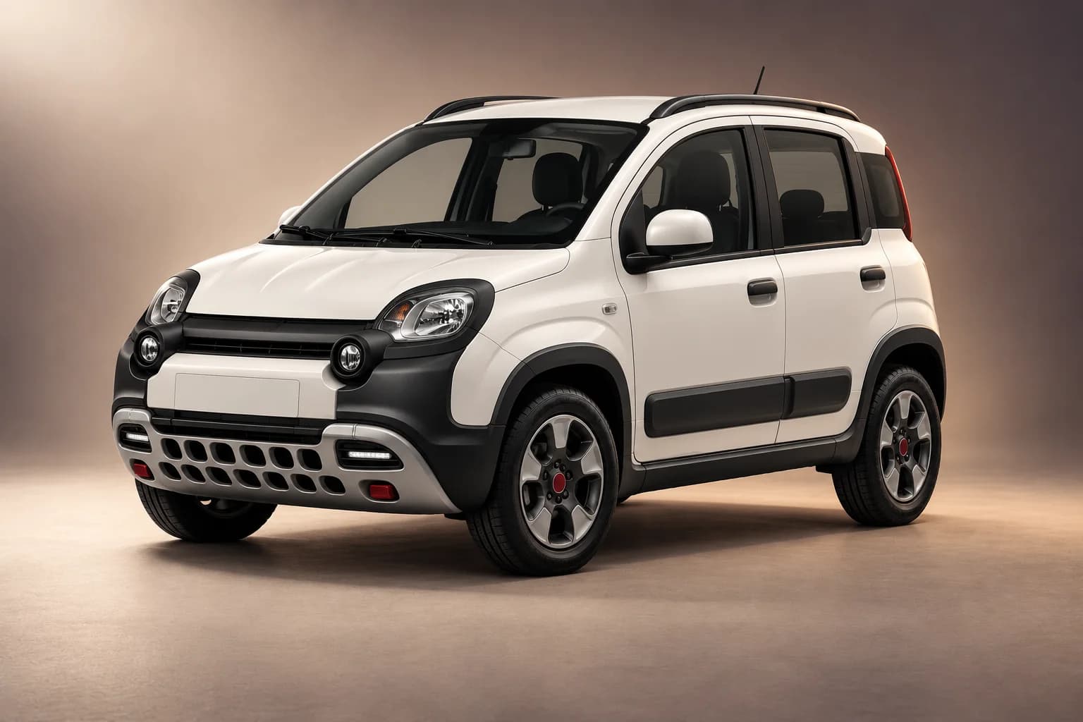 AI-restyled representative studio illustration of the Fiat panda cross model family; actual generation, trim, color and specification require operator confirmation