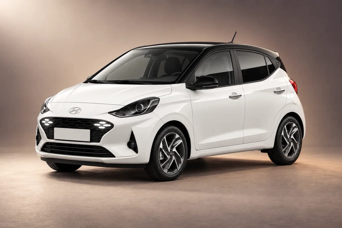 AI-restyled representative studio illustration of the Hyundai i10 model family; actual generation, trim, color and specification require operator confirmation