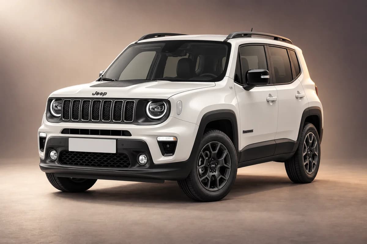 AI-omarbetad representativ studioillustration av modellfamiljen Jeep renegade; faktisk generation, utrustningsnivå, färg och specifikation måste bekräftas av uthyraren