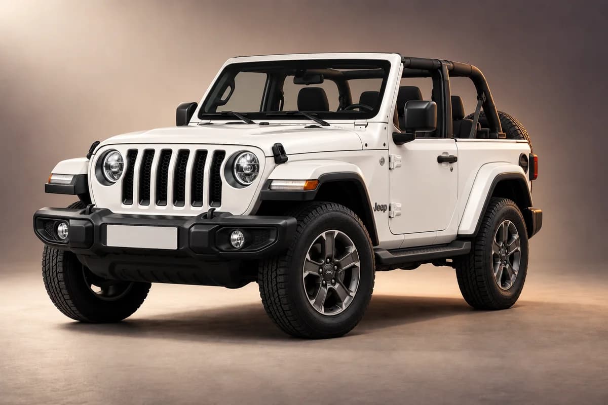 AI-generated studio illustration of the Jeep wrangler open-roof model family; actual generation, trim, color and specification require operator confirmation