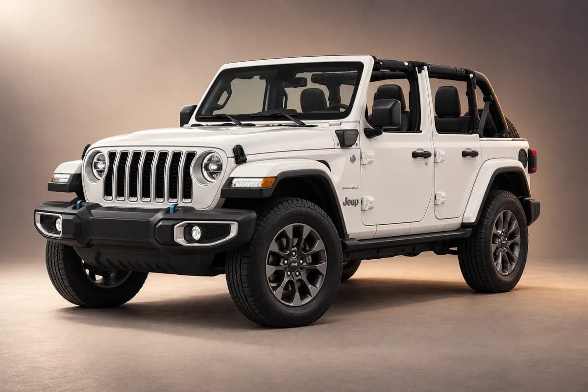 AI-restyled representative studio illustration of the Jeep wrangler sahara open-roof model family; actual generation, trim, color and specification require operator confirmation