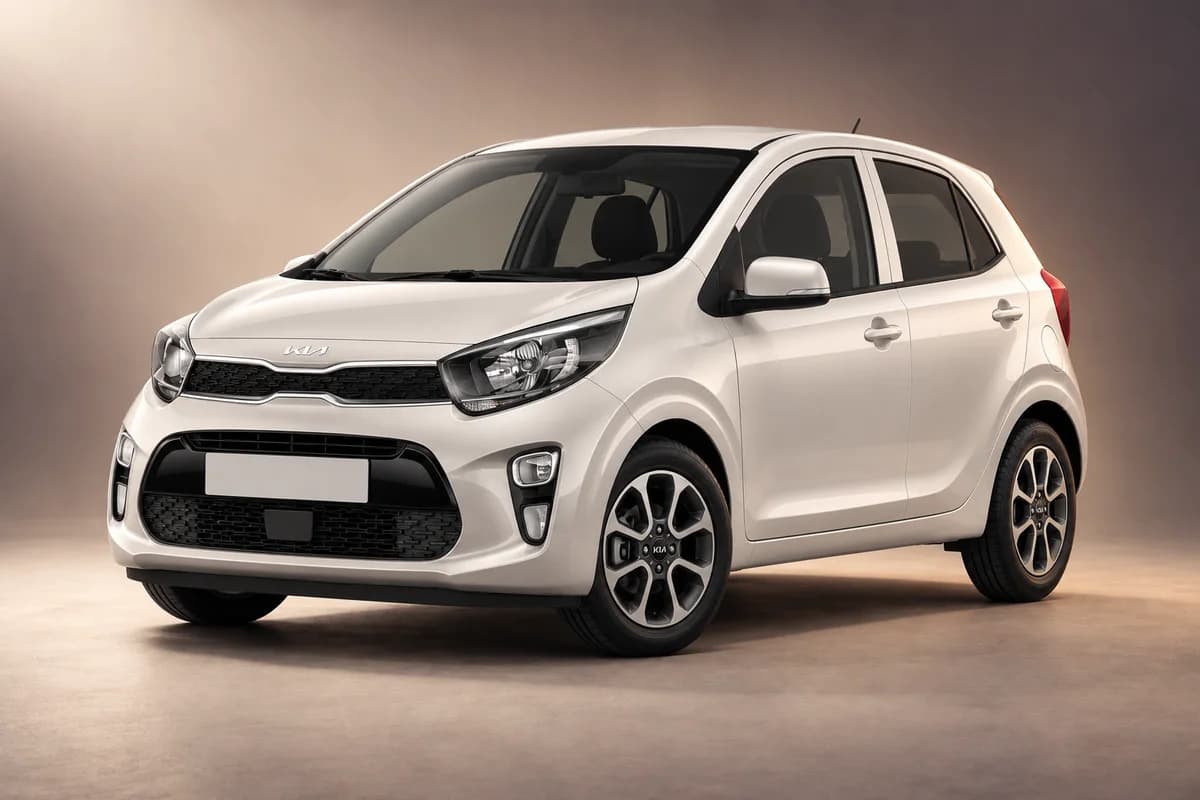AI-omarbetad representativ studioillustration av modellfamiljen Kia picanto; faktisk generation, utrustningsnivå, färg och specifikation måste bekräftas av uthyraren