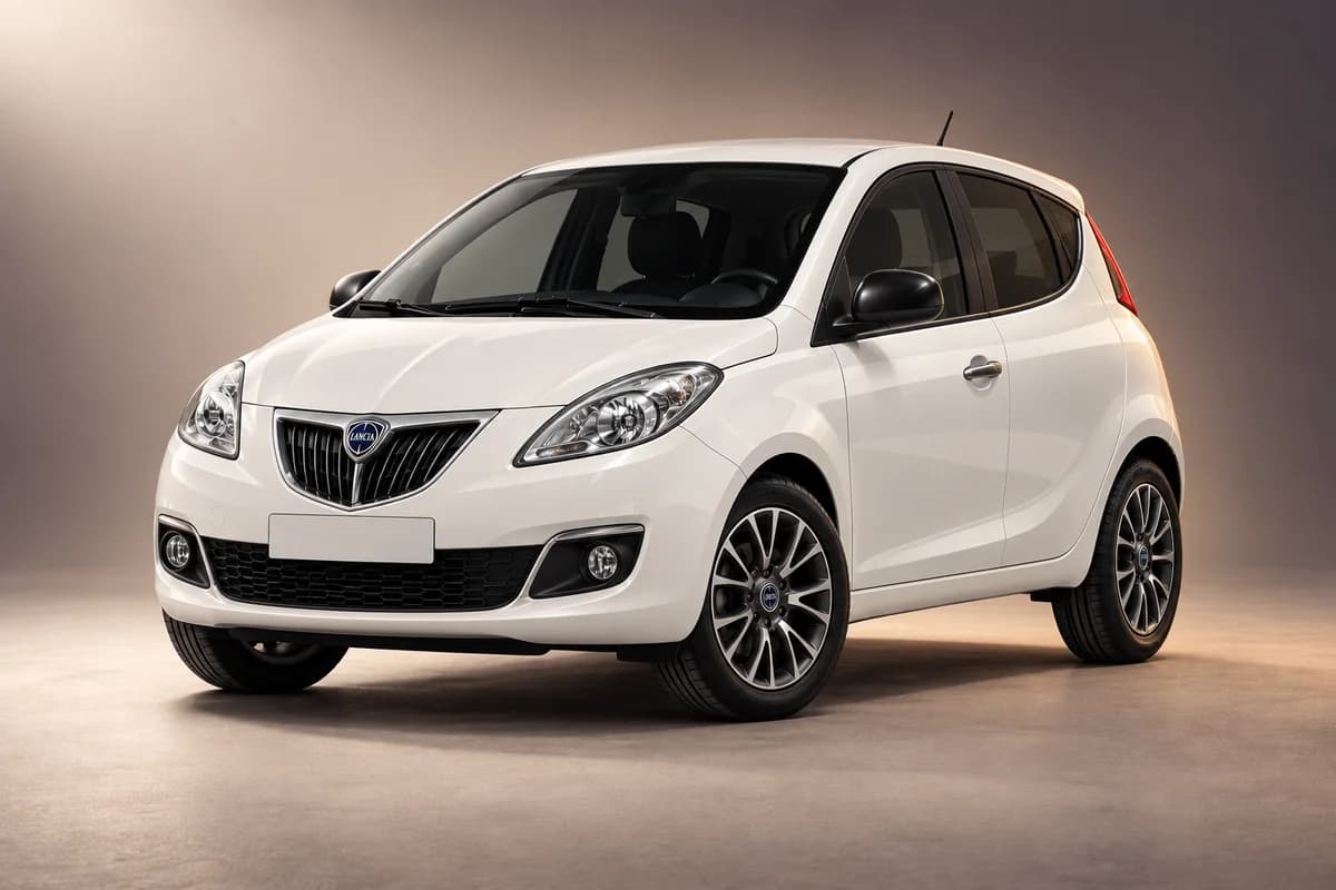 AI-generated studio illustration of the Lancia ypsilon model family; actual generation, trim, color and specification require operator confirmation