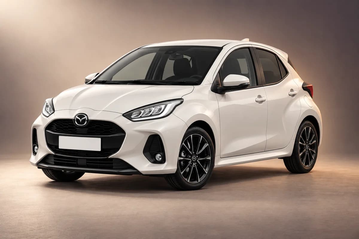 AI-restyled representative studio illustration of the Mazda 2 hybrid model family; actual generation, trim, color and specification require operator confirmation