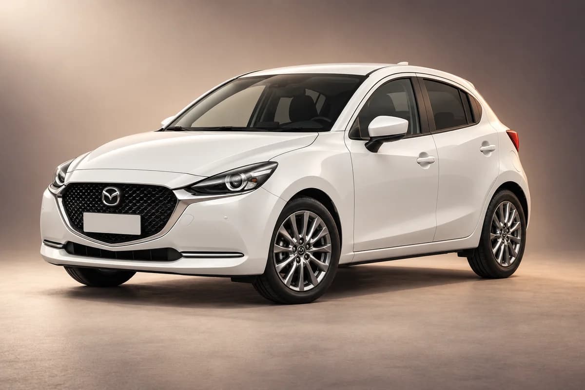AI-restyled representative studio illustration of the Mazda 2 model family; actual generation, trim, color and specification require operator confirmation