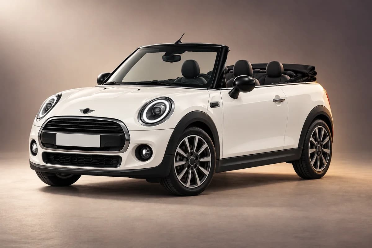 KI-generierte Studioillustration der Modellfamilie Mini cooper mit offenem Dach; tatsächliche Generation, Ausstattungsvariante, Farbe und Spezifikation muss der Vermieter bestätigen