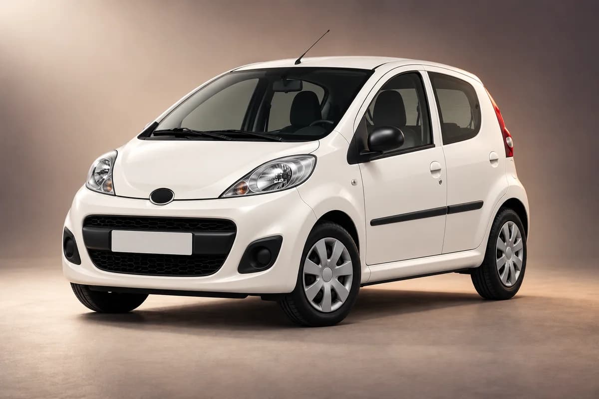 KI-generierte Studioillustration der Modellfamilie Peugeot 107; tatsächliche Generation, Ausstattungsvariante, Farbe und Spezifikation muss der Vermieter bestätigen