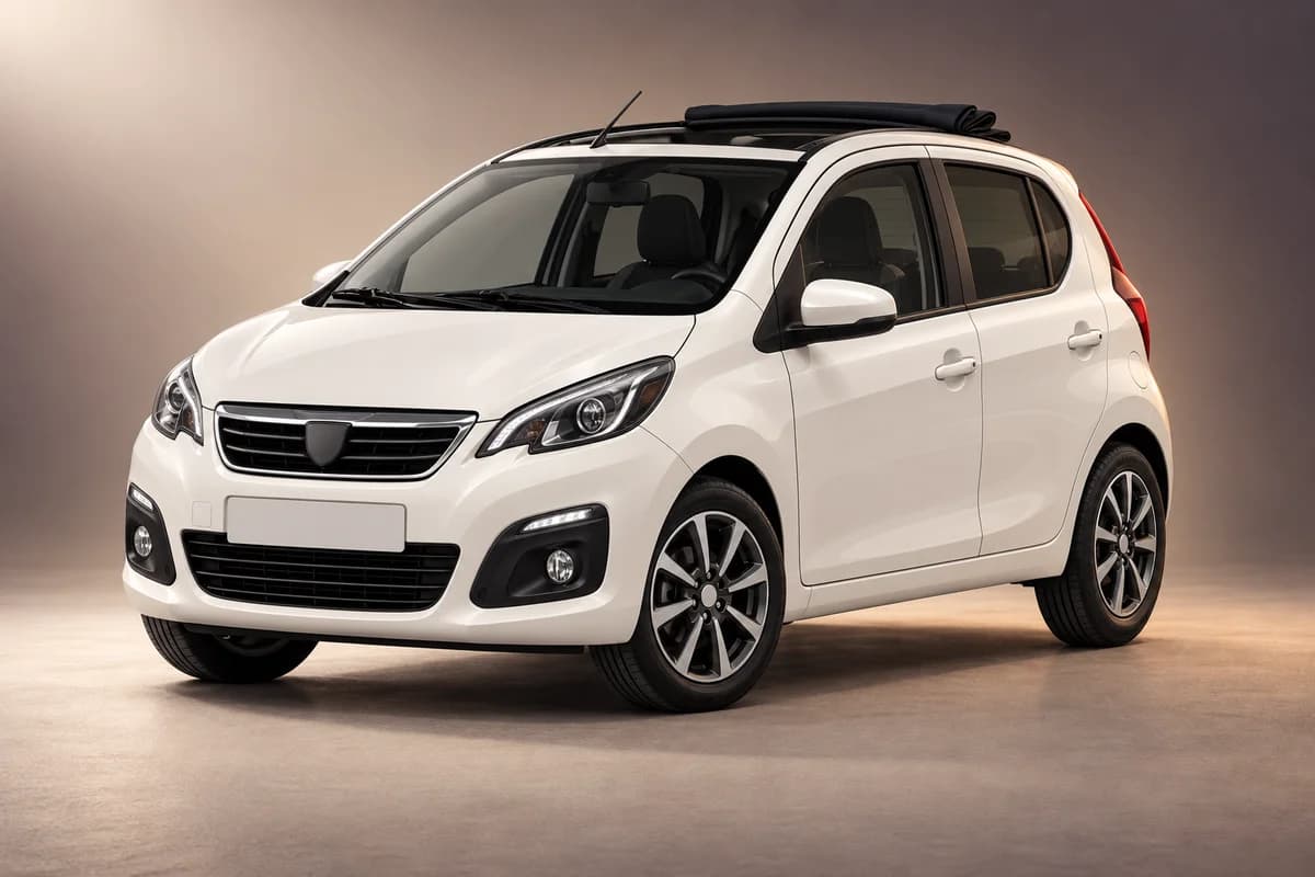 AI-generated studio illustration of the Peugeot 108 open-roof model family; actual generation, trim, color and specification require operator confirmation