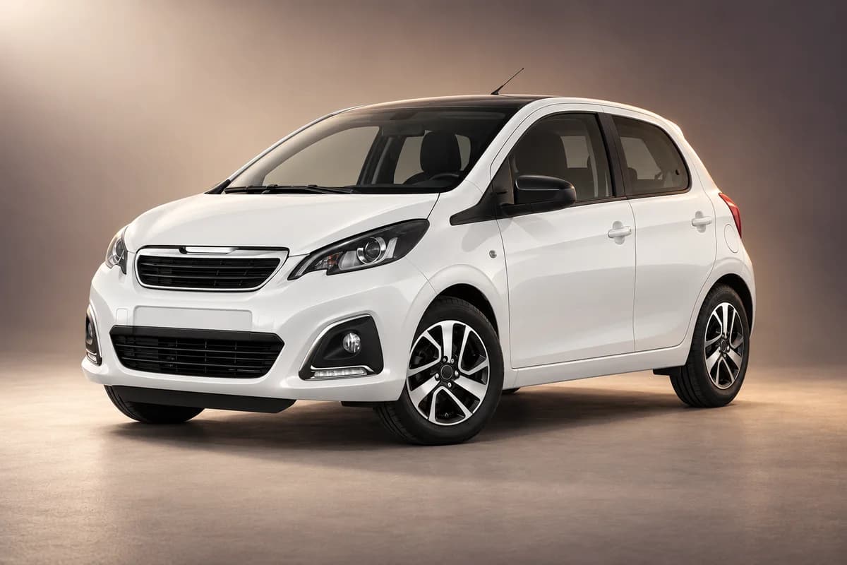 AI-restyled representative studio illustration of the Peugeot 108 model family; actual generation, trim, color and specification require operator confirmation