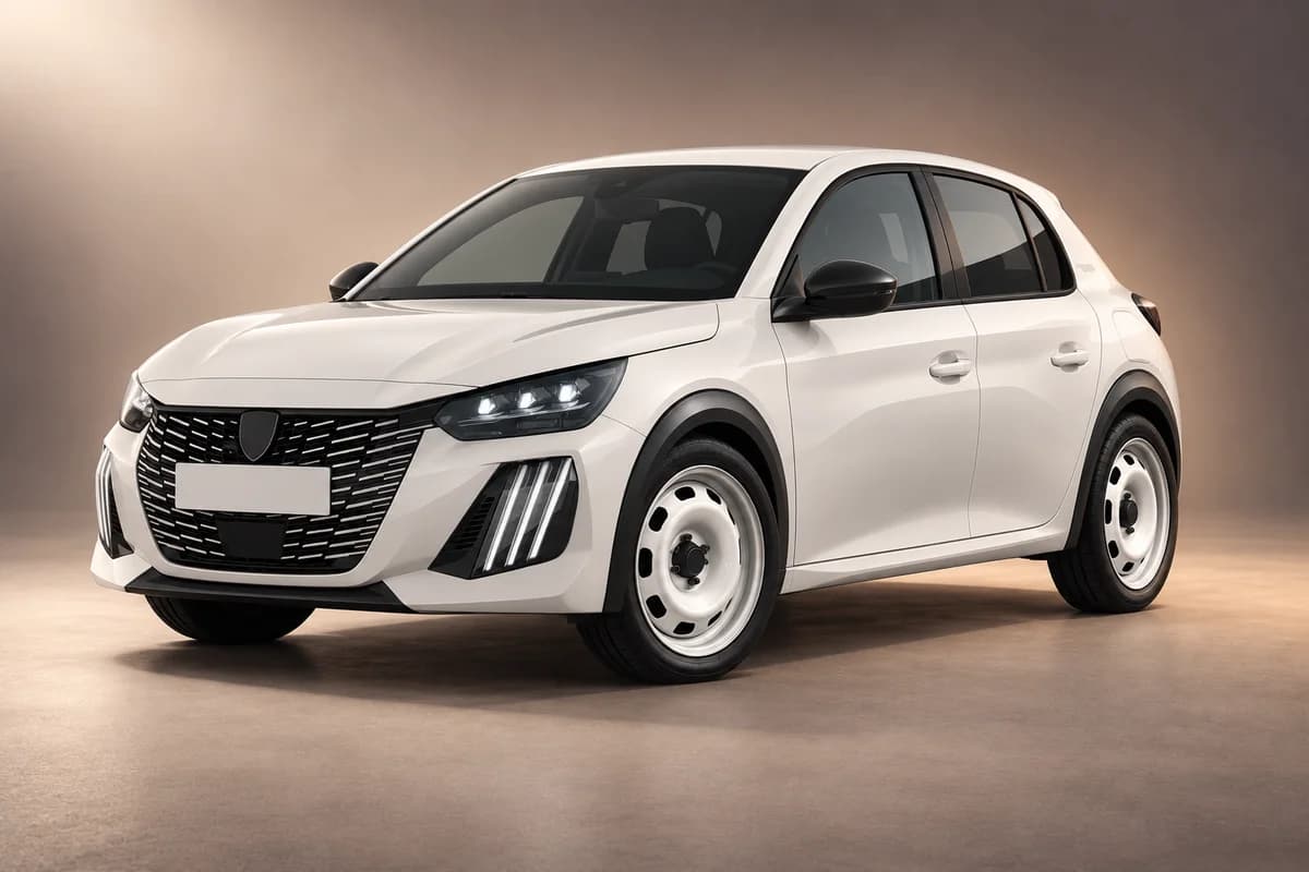 AI-omarbetad representativ studioillustration av modellfamiljen Peugeot 208; faktisk generation, utrustningsnivå, färg och specifikation måste bekräftas av uthyraren