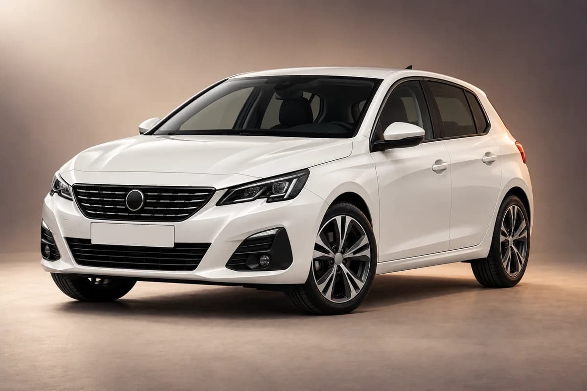 KI-generierte Studioillustration der Modellfamilie Peugeot 308; tatsächliche Generation, Ausstattungsvariante, Farbe und Spezifikation muss der Vermieter bestätigen