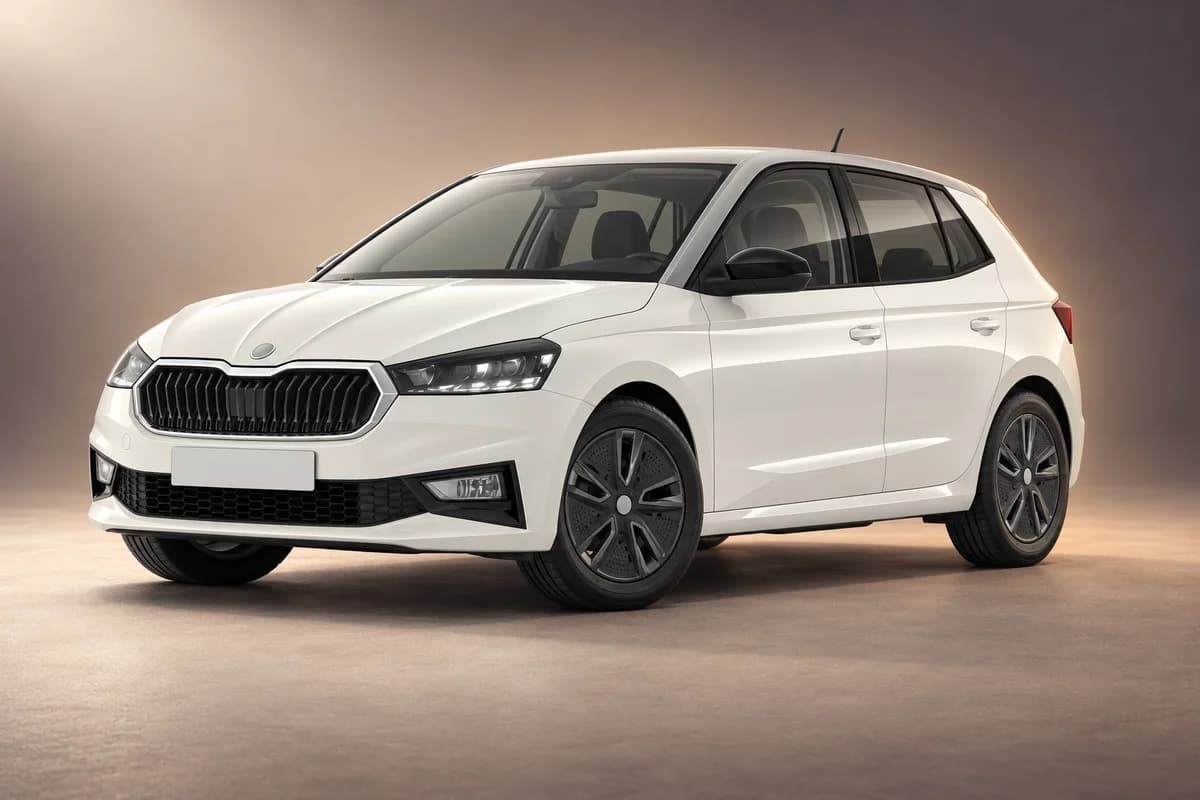 AI-restyled representative studio illustration of the Skoda fabia model family; actual generation, trim, color and specification require operator confirmation