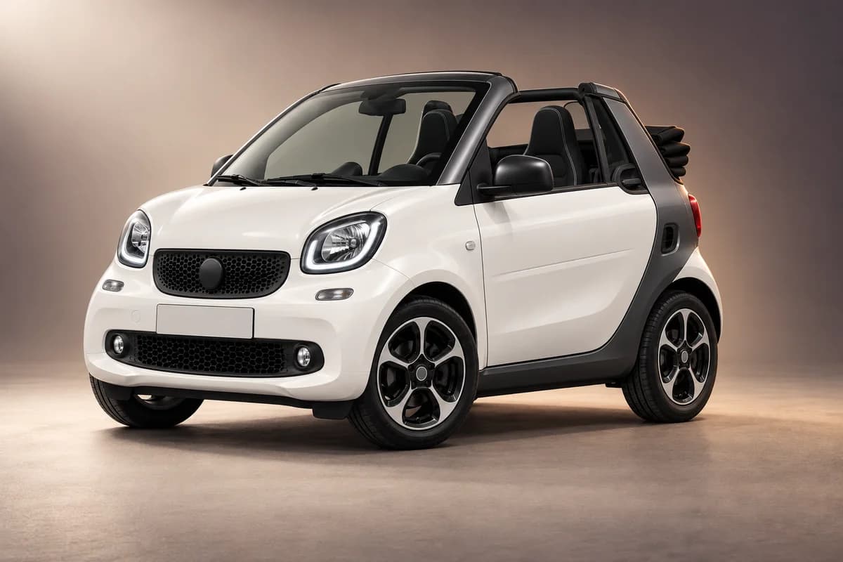 AI-generated studio illustration of the Smart eq fortwo open-roof model family; actual generation, trim, color and specification require operator confirmation