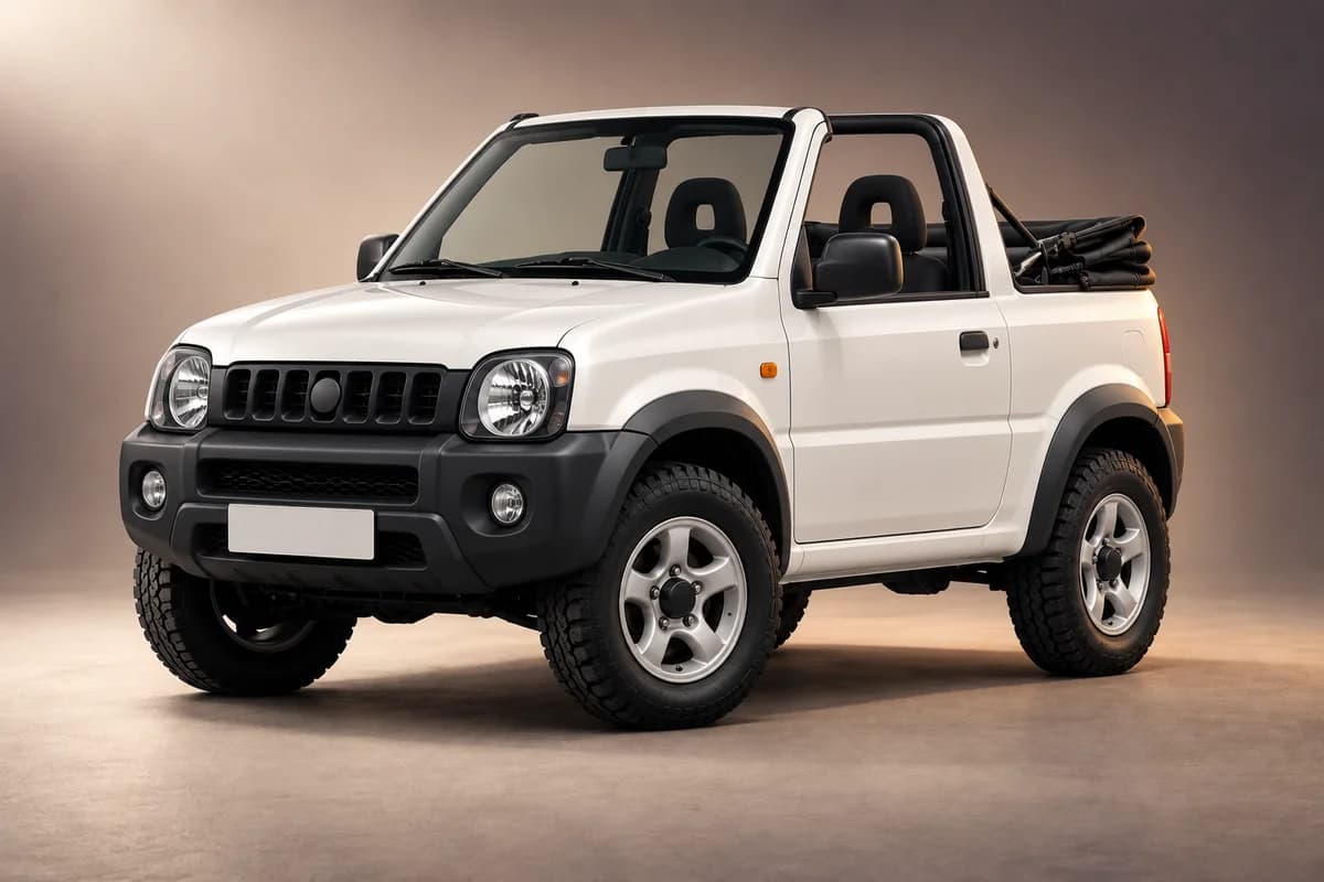 KI-generierte Studioillustration der Modellfamilie Suzuki jimny mit offenem Dach; tatsächliche Generation, Ausstattungsvariante, Farbe und Spezifikation muss der Vermieter bestätigen