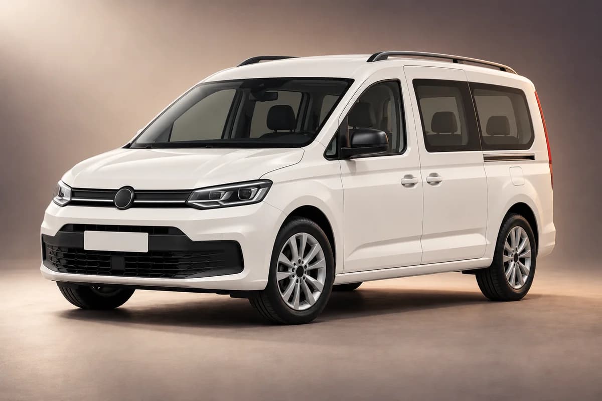KI-generierte Studioillustration der Modellfamilie Volkswagen caddy maxi; tatsächliche Generation, Ausstattungsvariante, Farbe und Spezifikation muss der Vermieter bestätigen