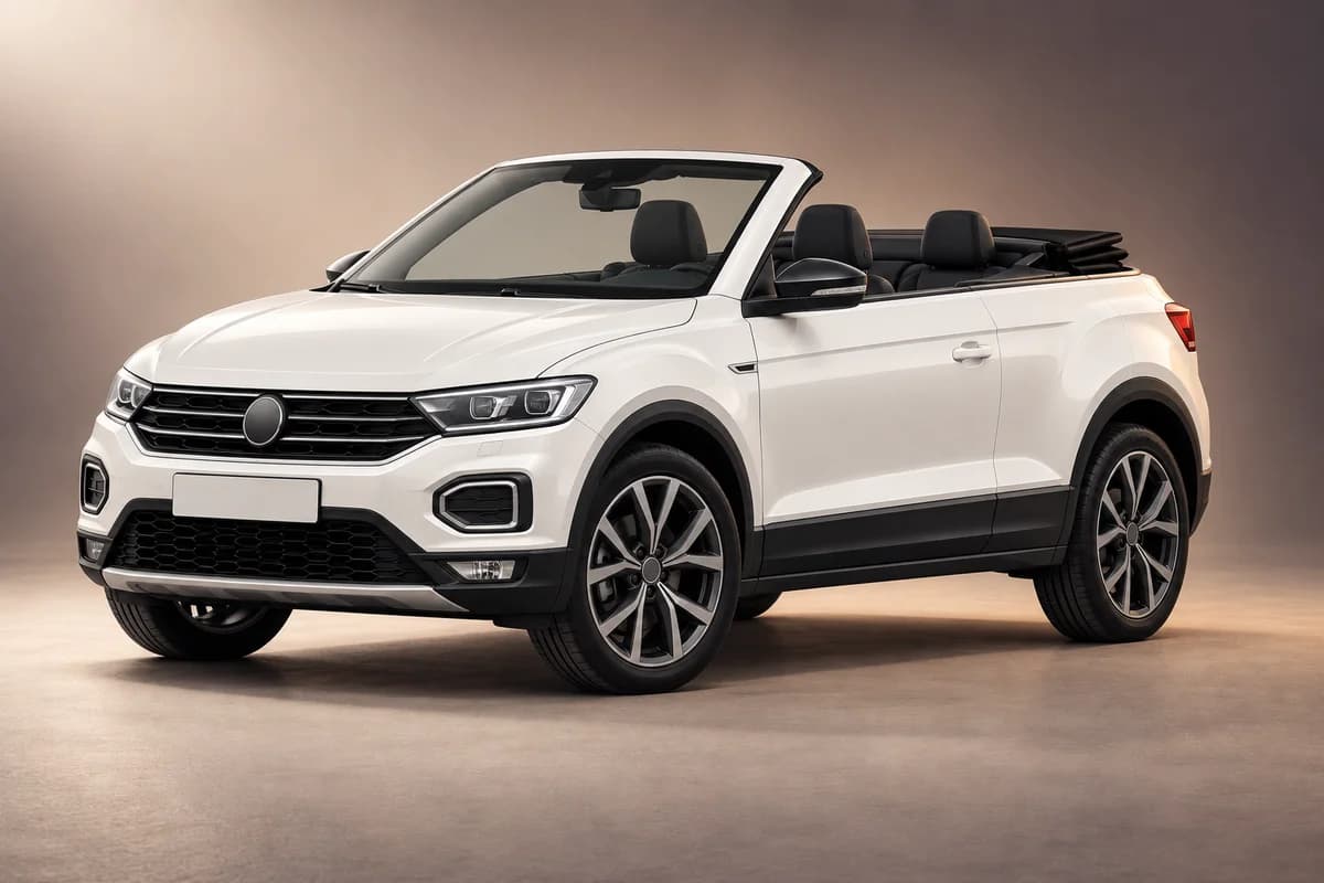 AI-generated studio illustration of the Volkswagen t roc open-roof model family; actual generation, trim, color and specification require operator confirmation