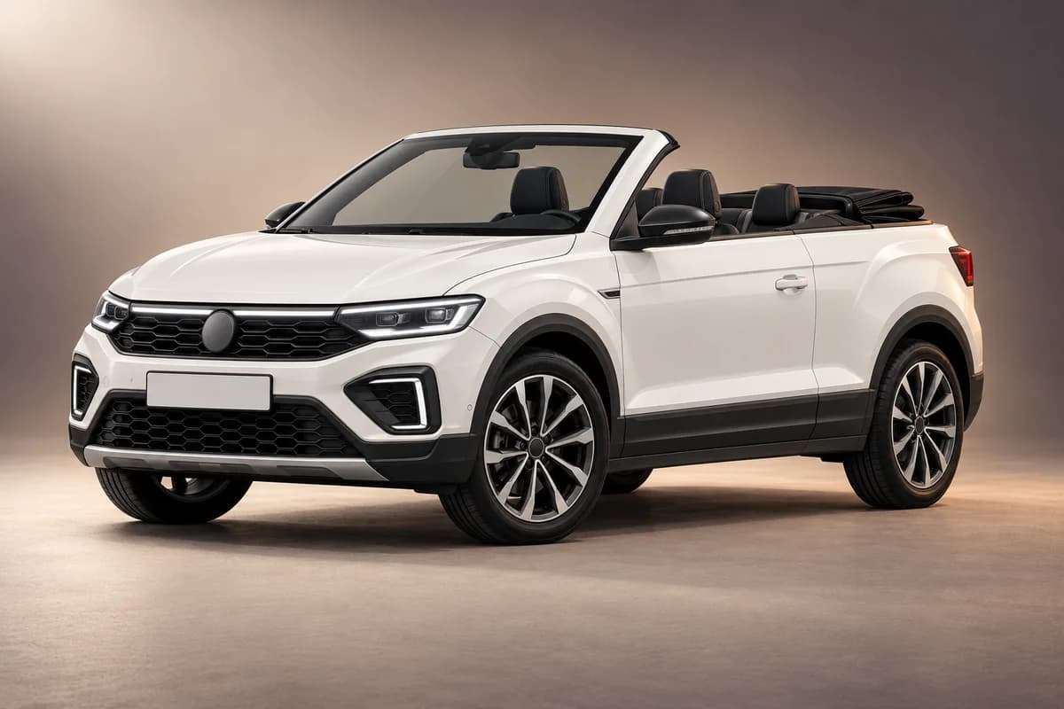 AI-generated studio illustration of the Volkswagen t roc facelift open-roof model family; actual generation, trim, color and specification require operator confirmation