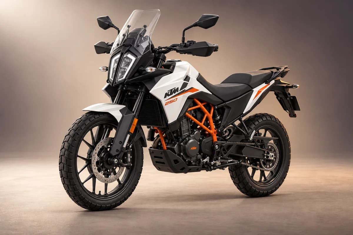 AI-generated studio illustration of the KTM adventure 250 model family; actual generation, trim, color and specification require operator confirmation