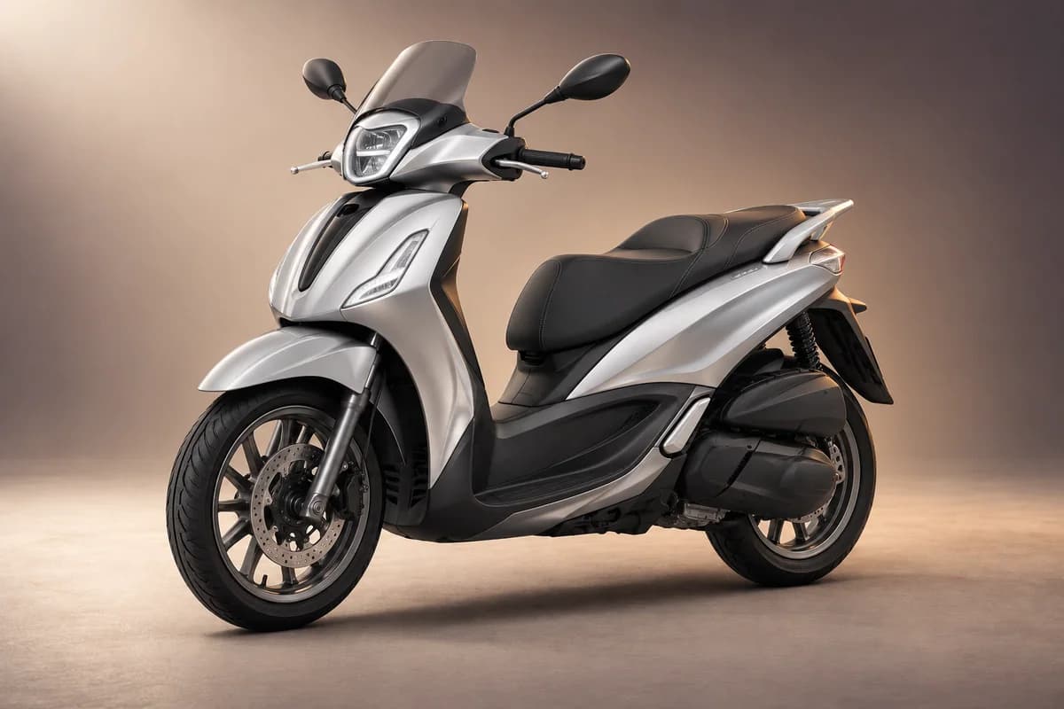 KI-generierte Studioillustration der Modellfamilie Piaggio beverly 400; tatsächliche Generation, Ausstattungsvariante, Farbe und Spezifikation muss der Vermieter bestätigen