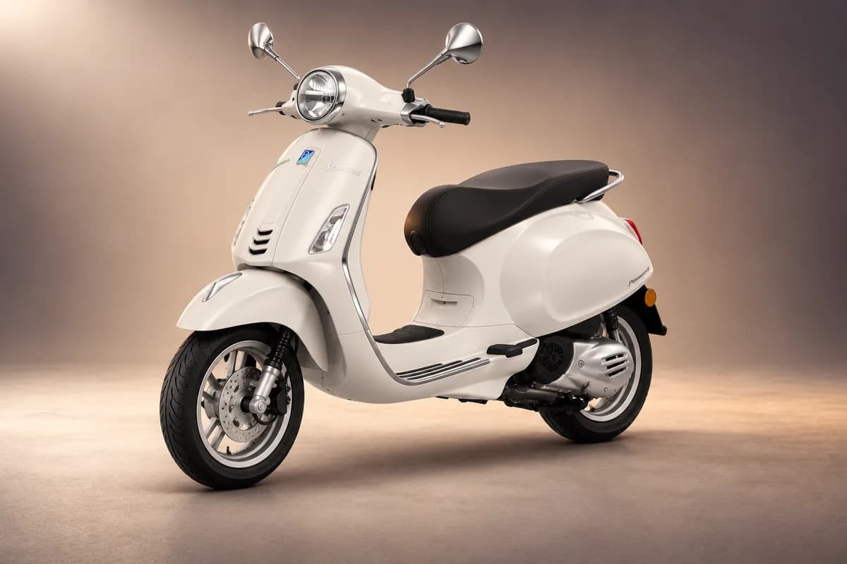 AI-restyled representative studio illustration of the Piaggio vespa primavera 150 model family; actual generation, trim, color and specification require operator confirmation
