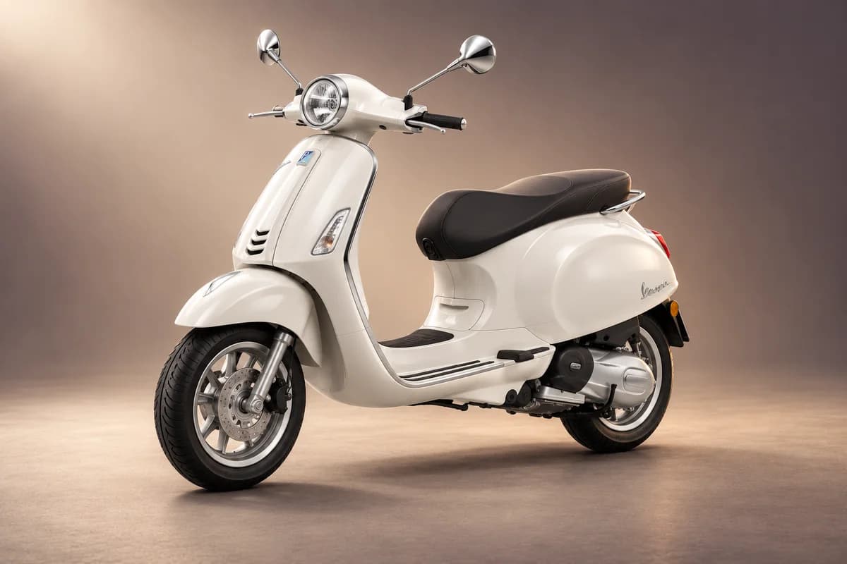 KI-generierte repräsentative Studioillustration eines scooter & moto der Modellfamilie Vespa primavera 125; tatsächliches Modell, Getriebe, Sitzplätze, Ausstattungsvariante und Farbe muss der Vermieter bestätigen