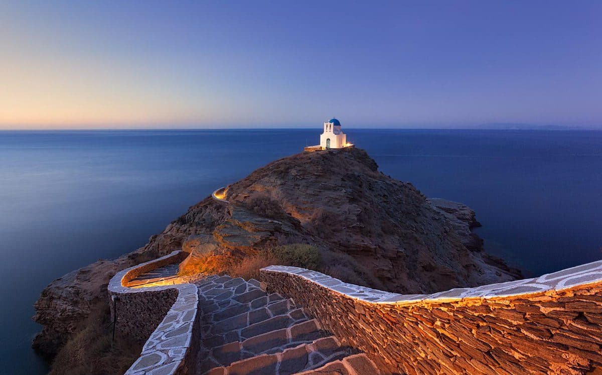 Church of the Seven Martyrs on its rocky promontory below Kastro, Sifnos